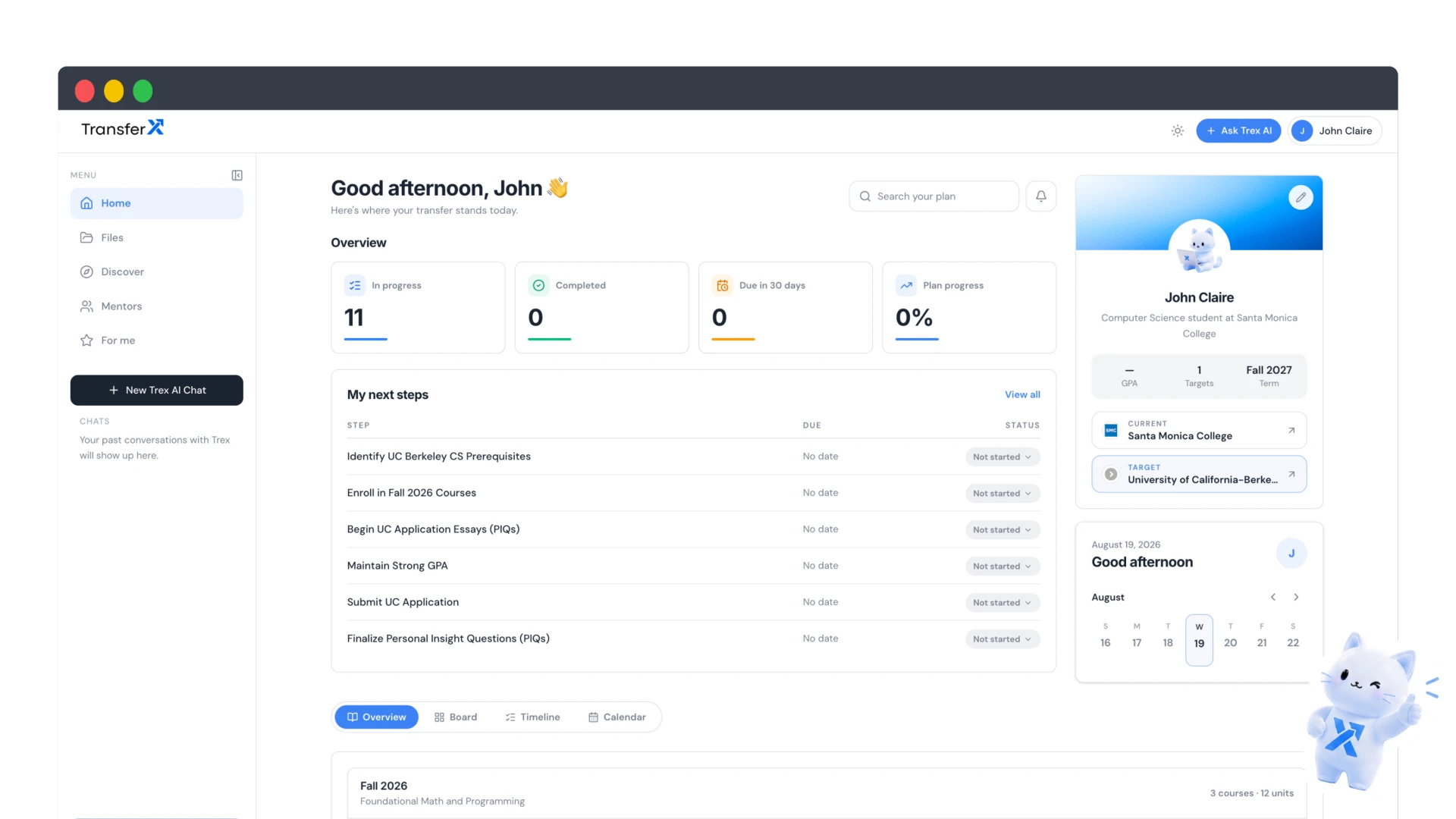 TransferX beta dashboard showing a student's transfer plan, next steps, and progress overview